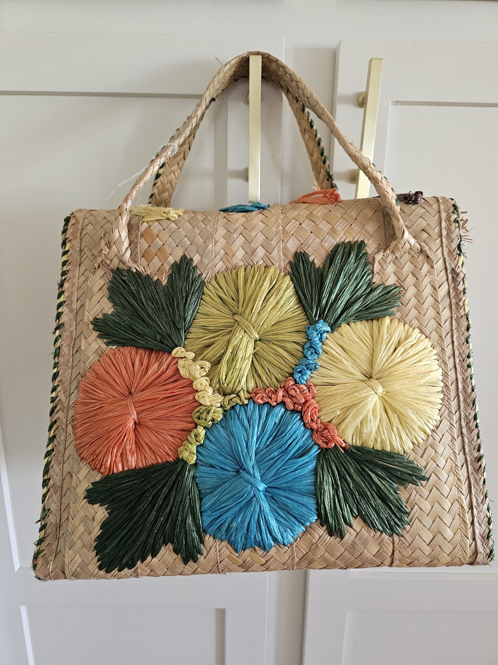 Vintage Woven Raffia Floral Tote Bag - Natural with Blue, Yellow, Orange Accents